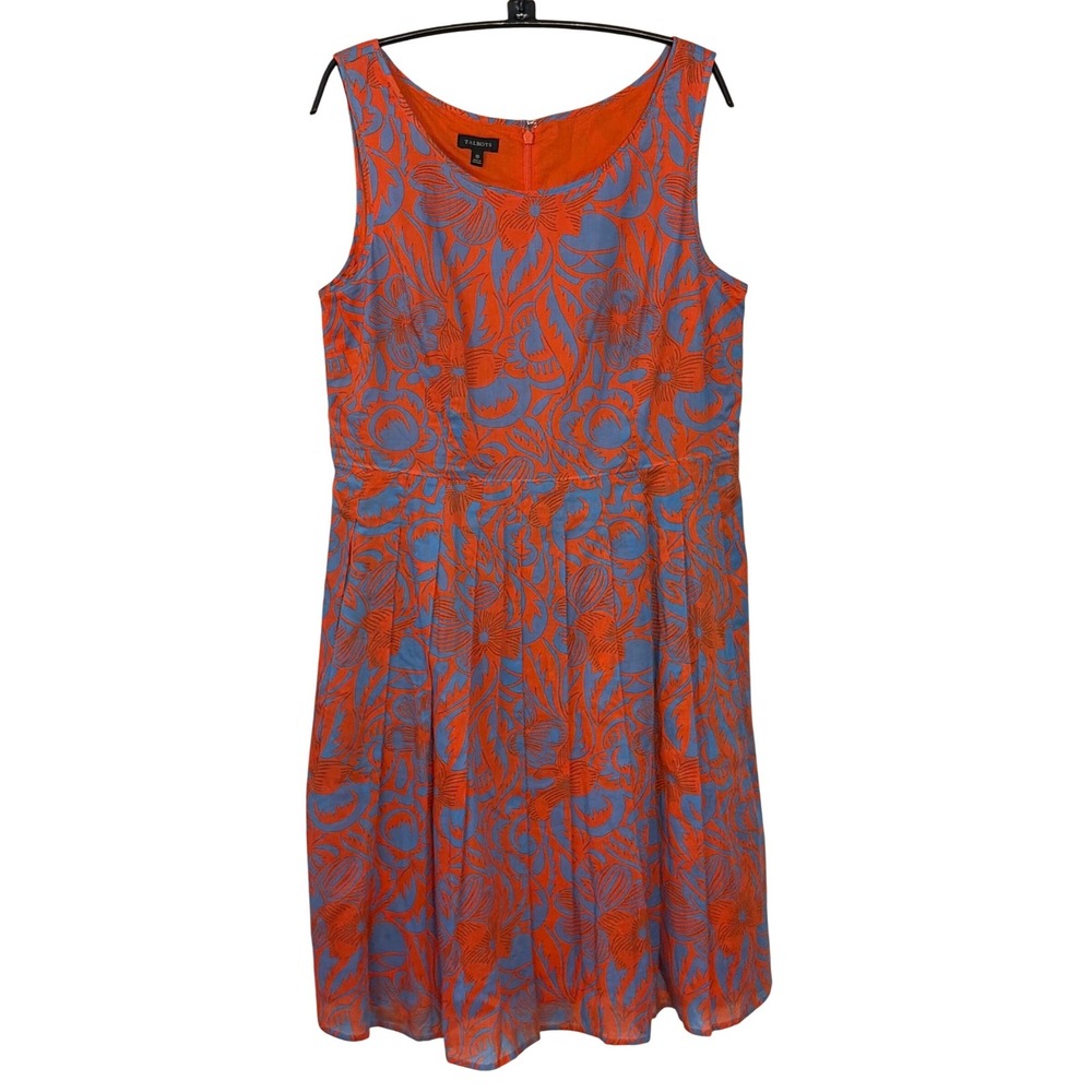 Talbots Dress Womens 10 Orange Blue Floral Cotton Sleeveless Pleated Fit & Flare